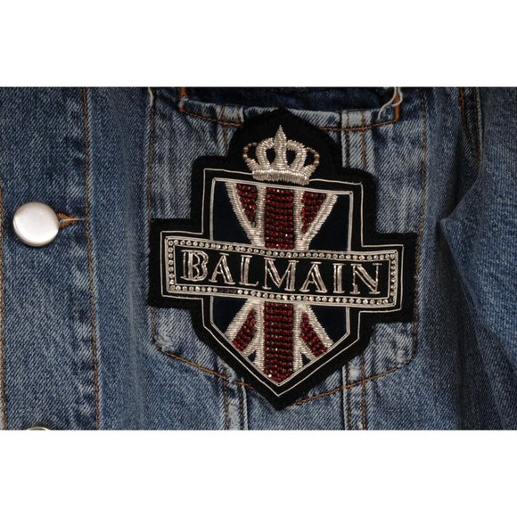Balmain Mens Distressed Jeans Jacket Size Large Blue Denim Logo Ripped Sleeves - Picture 4 of 14